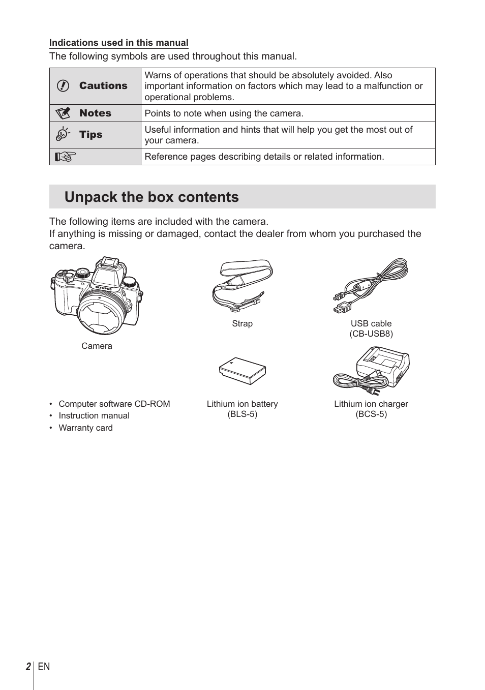 Unpack the box contents | Olympus STYLUS 1 User Manual | Page 2 / 120