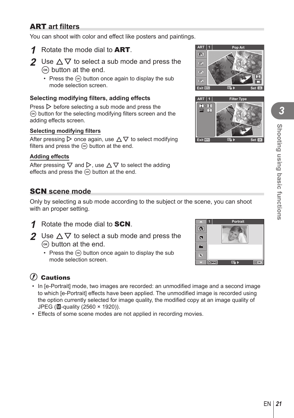 Art art filters, Scn scene mode, Rotate the mode dial to art | Rotate the mode dial to scn | Olympus STYLUS 1 User Manual | Page 21 / 120