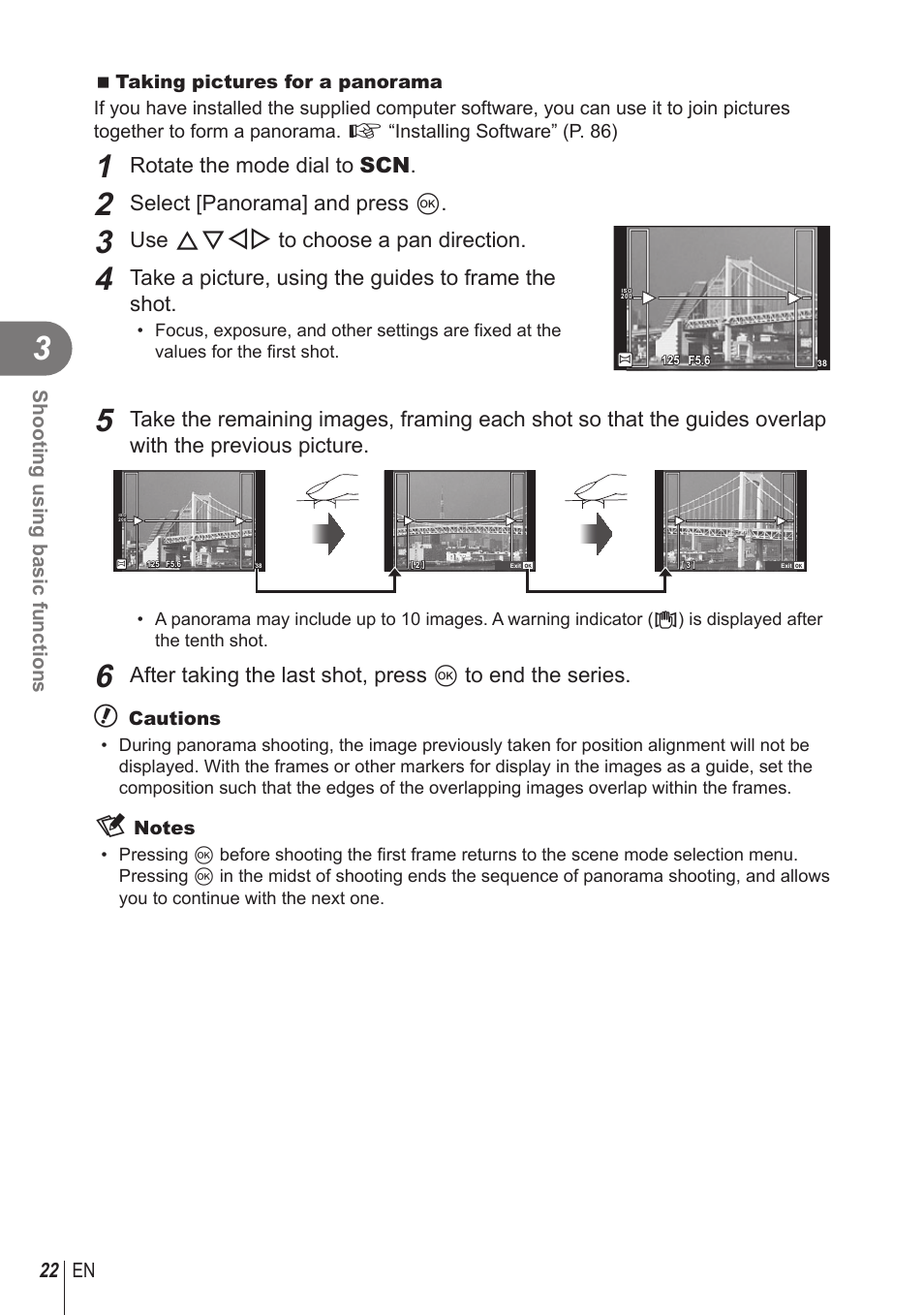 Rotate the mode dial to scn, Select [panorama] and press q, Use fghi to choose a pan direction | Take a picture, using the guides to frame the shot | Olympus STYLUS 1 User Manual | Page 22 / 120