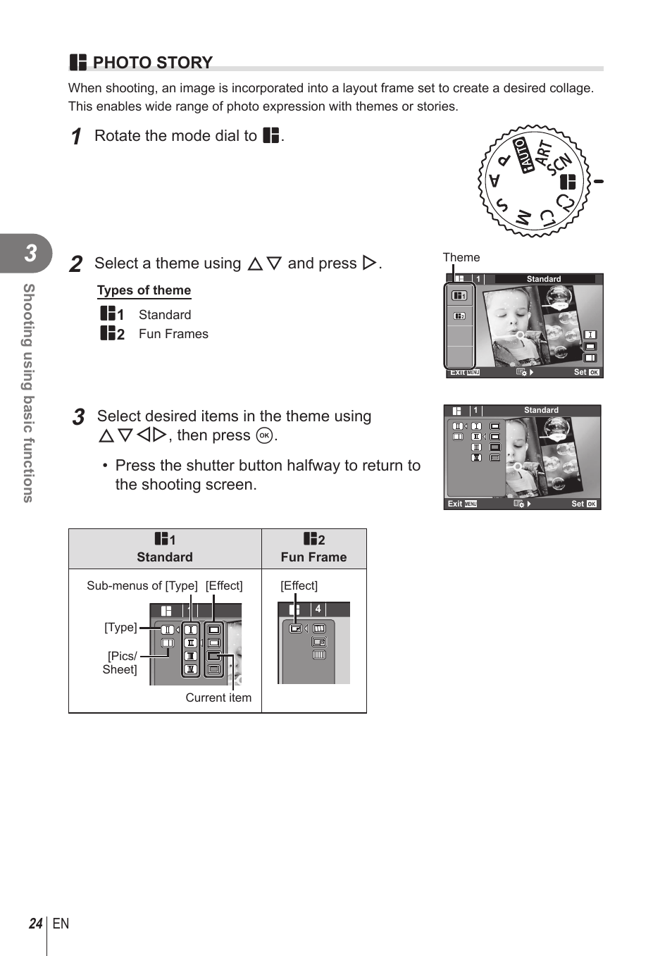P photo story, Rotate the mode dial to p, Select a theme using fg and press i | Olympus STYLUS 1 User Manual | Page 24 / 120