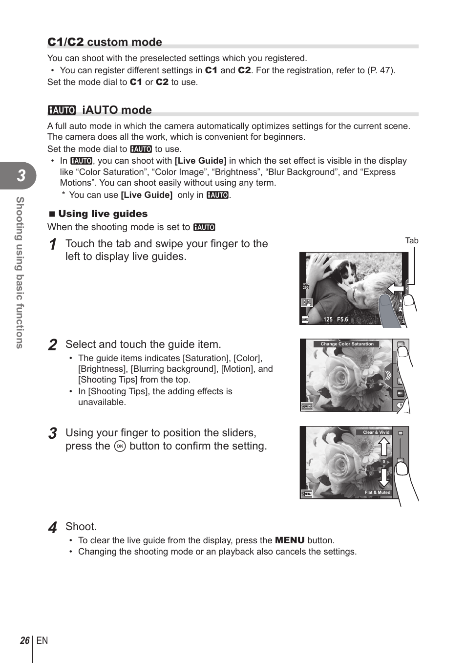 C1/c2 custom mode, Aiauto mode, Select and touch the guide item | Shoot, 26 en shooting using basic functions | Olympus STYLUS 1 User Manual | Page 26 / 120