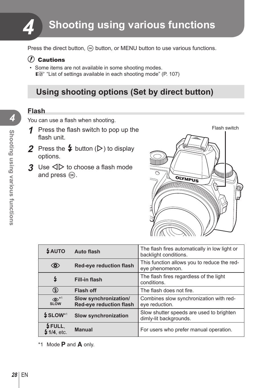 Shooting using various functions, Using shooting options (set by direct button) | Olympus STYLUS 1 User Manual | Page 28 / 120