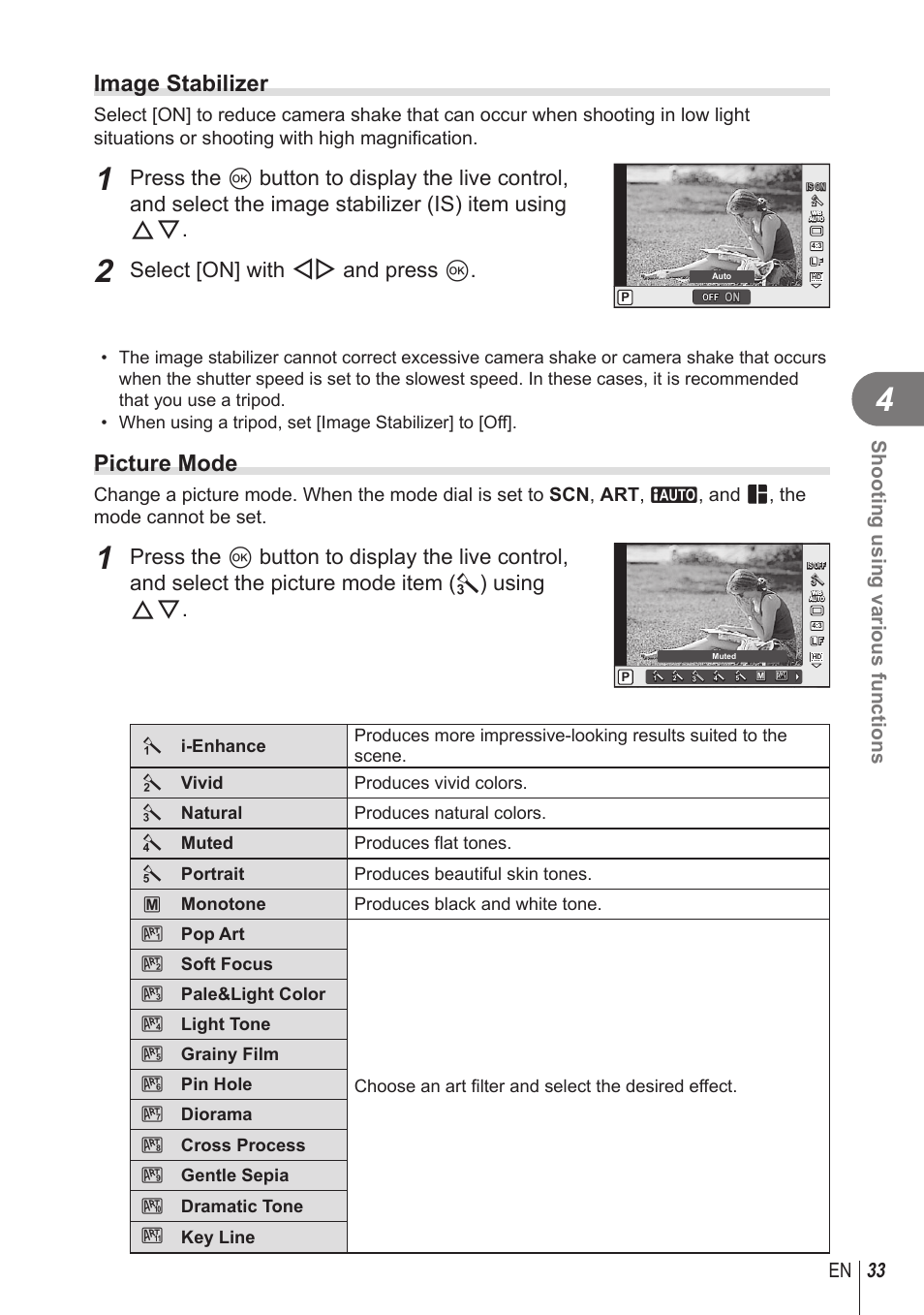 Image stabilizer, Picture mode, Select [on] with hi and press q | 33 en shooting using various functions | Olympus STYLUS 1 User Manual | Page 33 / 120