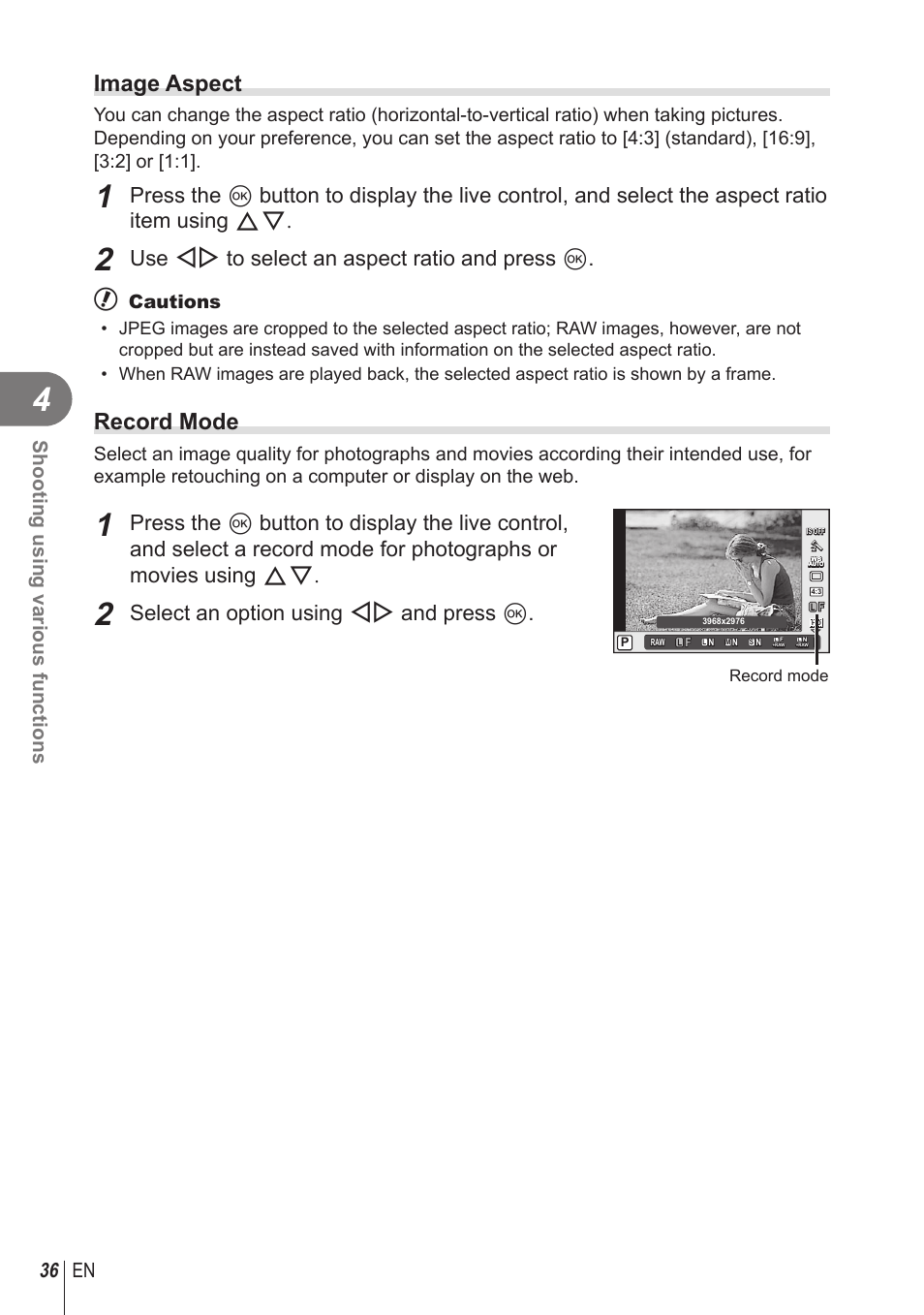 Image aspect, Record mode, Use hi to select an aspect ratio and press q | Select an option using hi and press q, 36 en shooting using various functions, Cautions | Olympus STYLUS 1 User Manual | Page 36 / 120