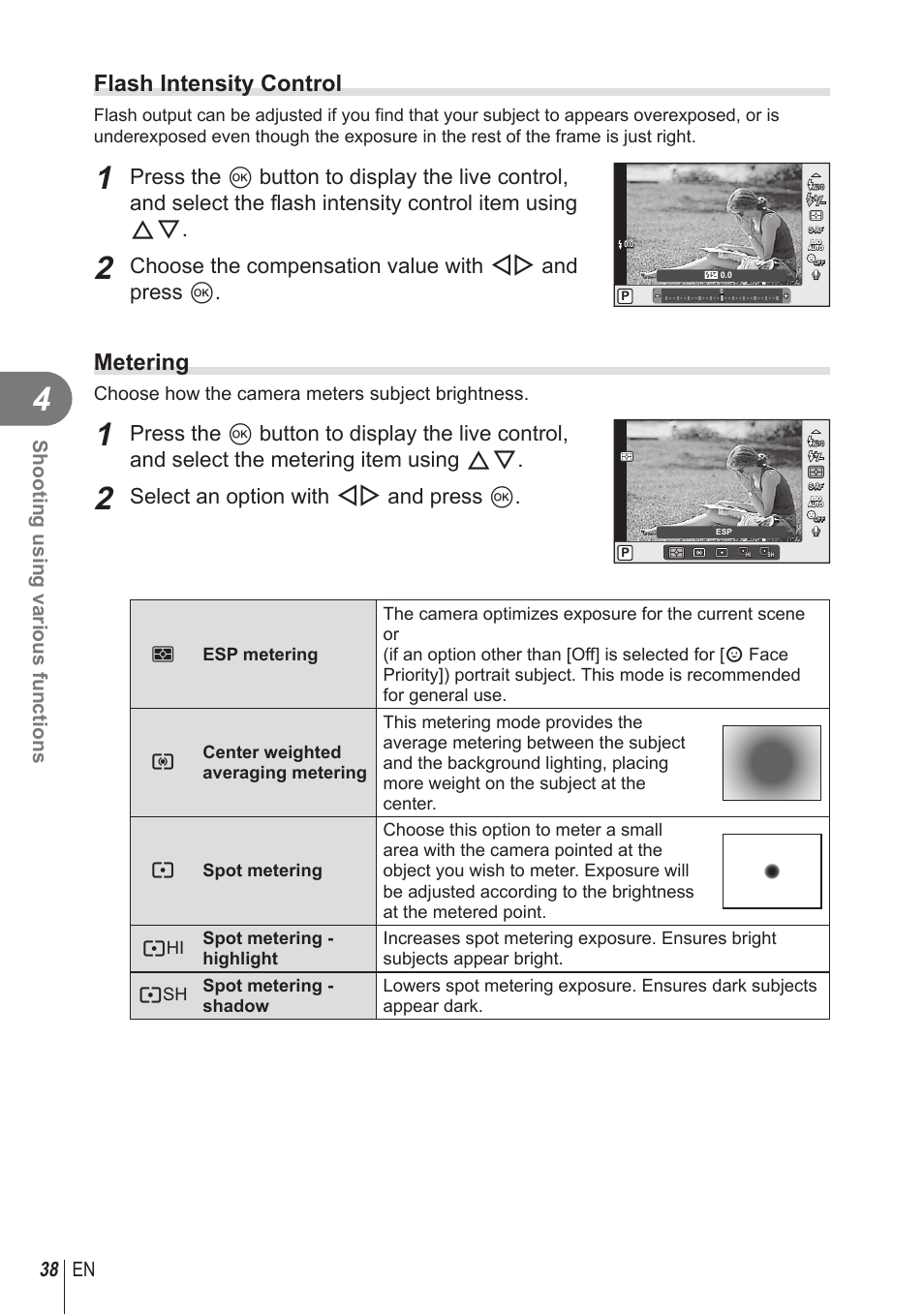 Flash intensity control, Metering, Choose the compensation value with hi and press q | Select an option with hi and press q, 38 en shooting using various functions, Choose how the camera meters subject brightness | Olympus STYLUS 1 User Manual | Page 38 / 120