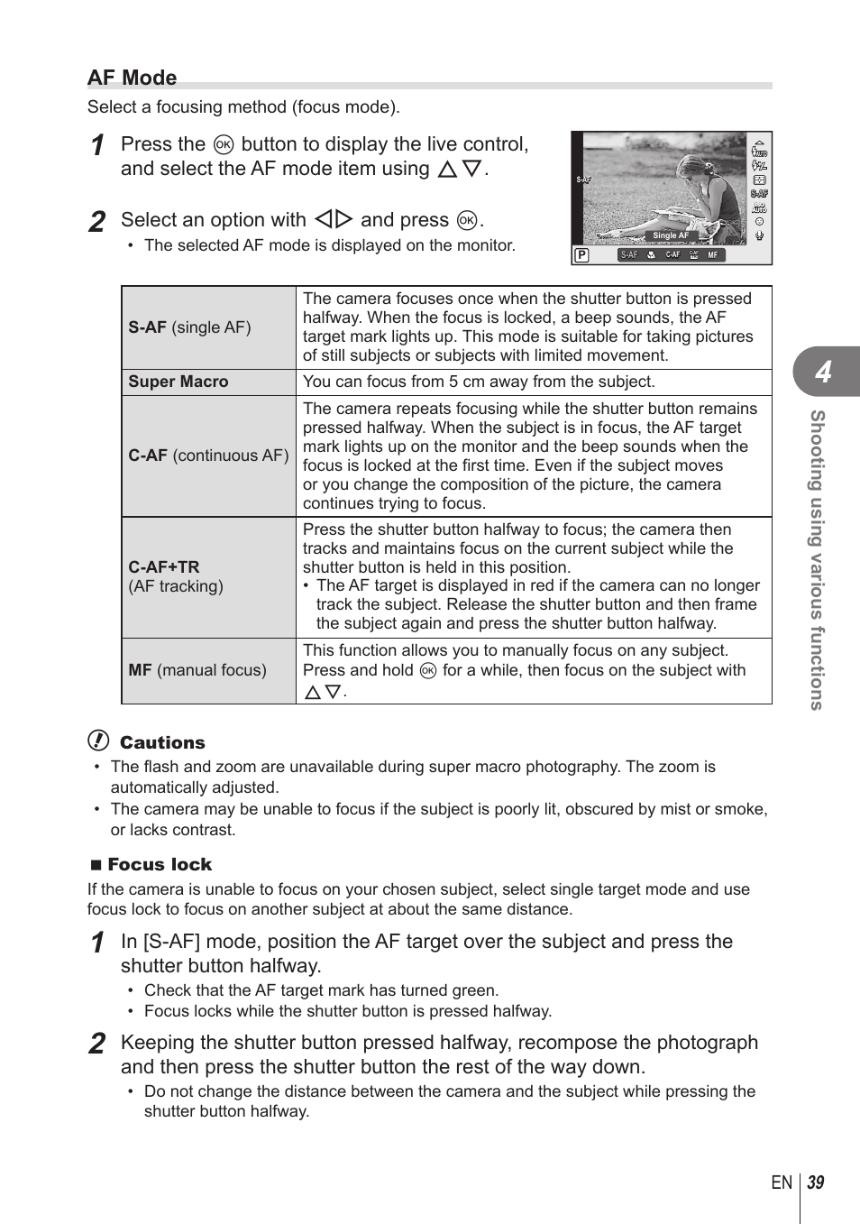 Af mode, Select an option with hi and press q, 39 en shooting using various functions | Olympus STYLUS 1 User Manual | Page 39 / 120