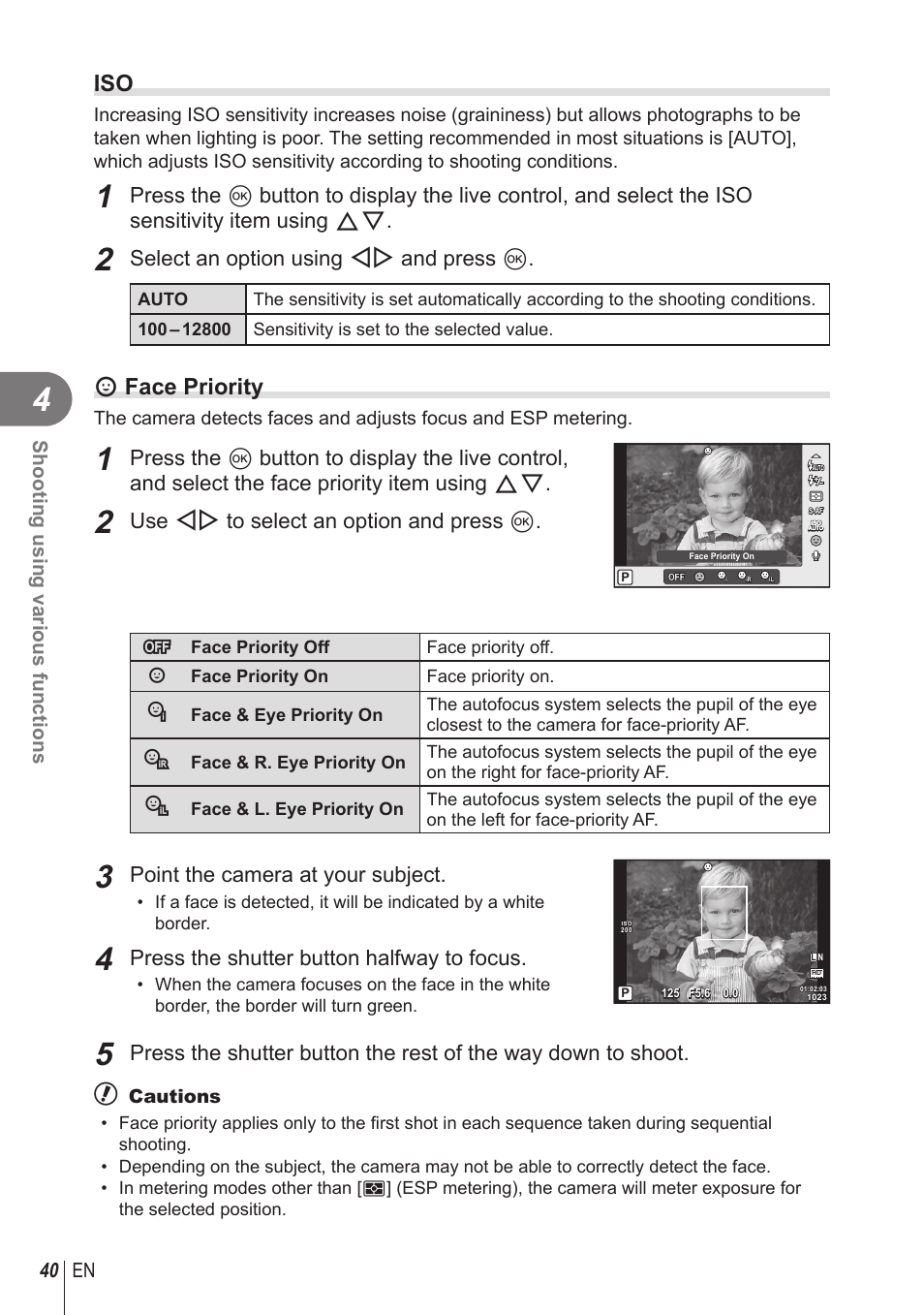 I face priority, Select an option using hi and press q, Use hi to select an option and press q | Point the camera at your subject, Press the shutter button halfway to focus, 40 en shooting using various functions | Olympus STYLUS 1 User Manual | Page 40 / 120