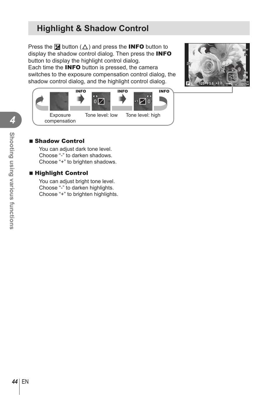 Highlight & shadow control, 44 en shooting using various functions, Shadow control | Highlight control | Olympus STYLUS 1 User Manual | Page 44 / 120