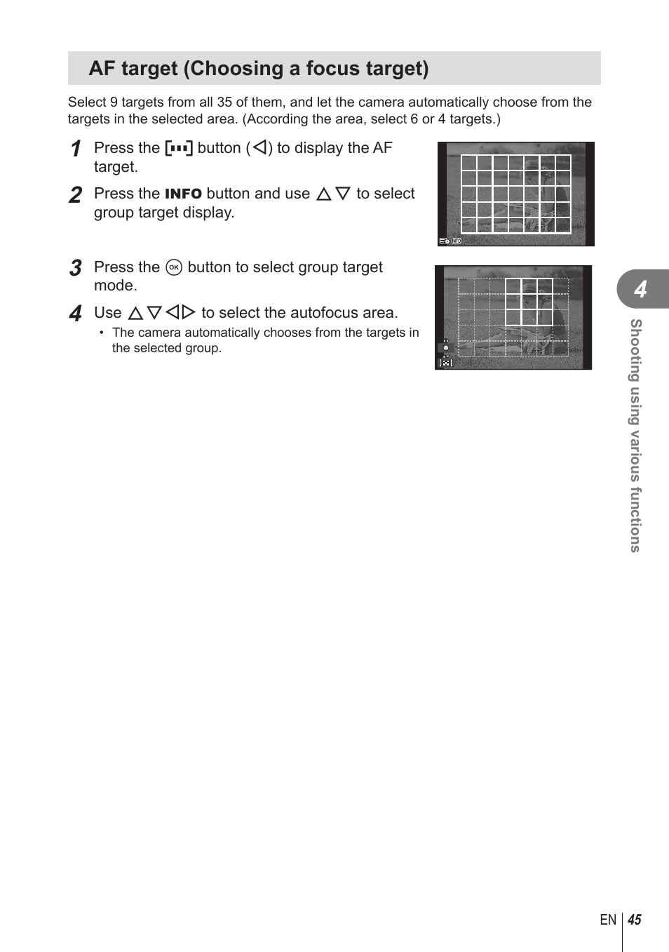 Af target (choosing a focus target) | Olympus STYLUS 1 User Manual | Page 45 / 120