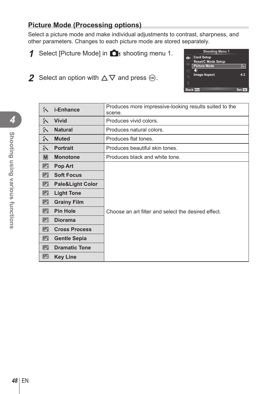 Picture mode ( processing options), Select [picture mode] in i shooting menu 1, Select an option with fg and press q | Olympus STYLUS 1 User Manual | Page 48 / 120