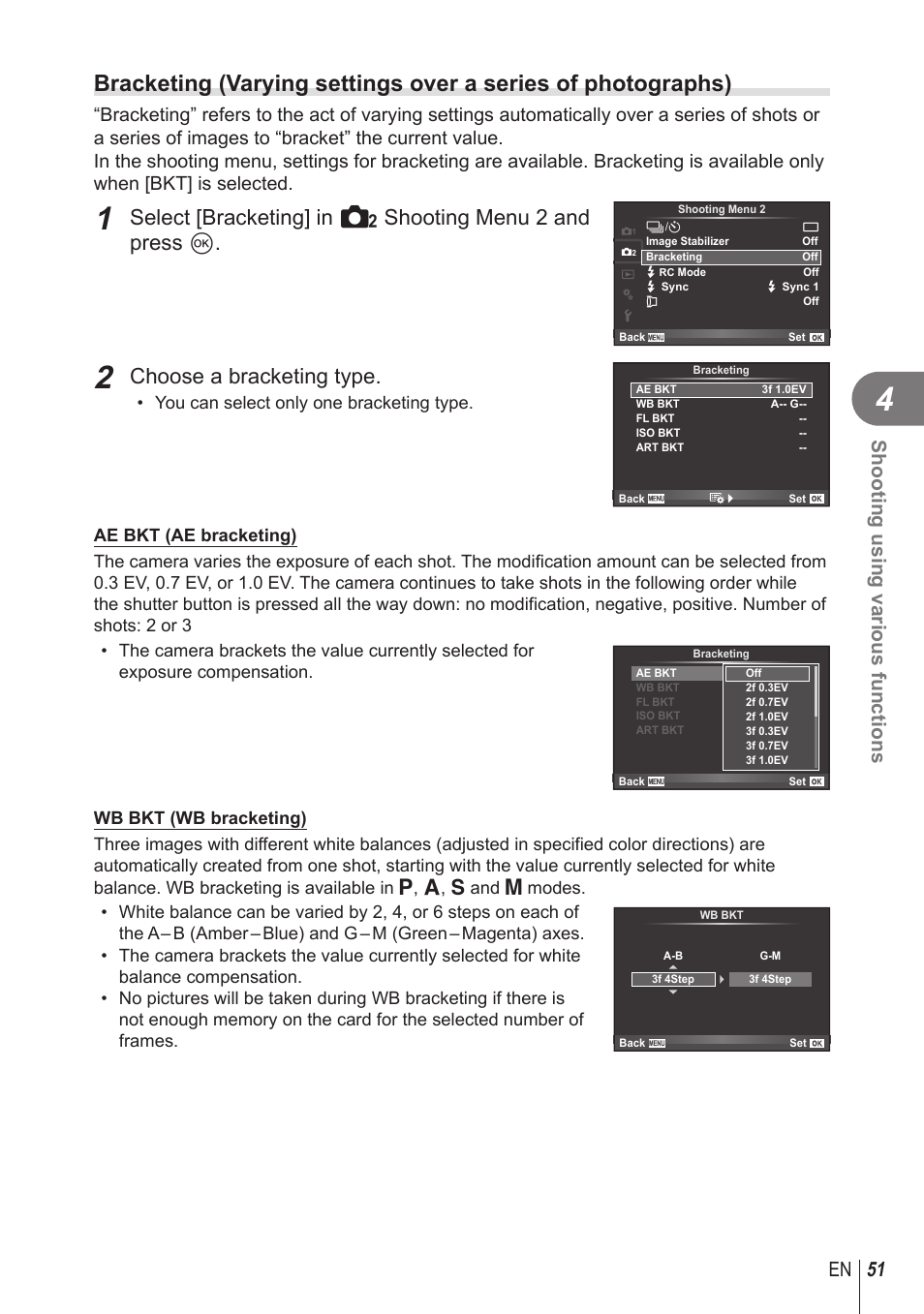 Choose a bracketing type, 51 en shooting using various functions, You can select only one bracketing type | Olympus STYLUS 1 User Manual | Page 51 / 120