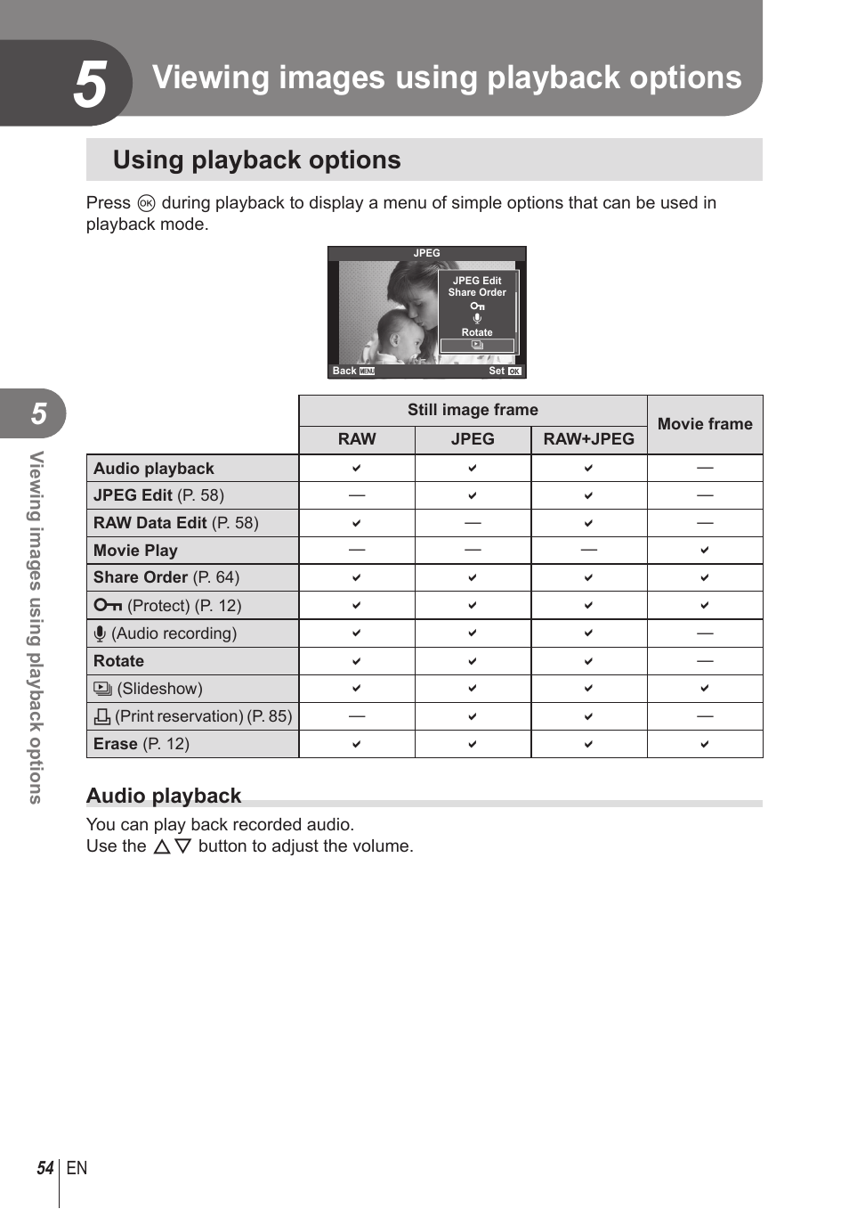 Viewing images using playback options, Using playback options, Audio playback | Olympus STYLUS 1 User Manual | Page 54 / 120