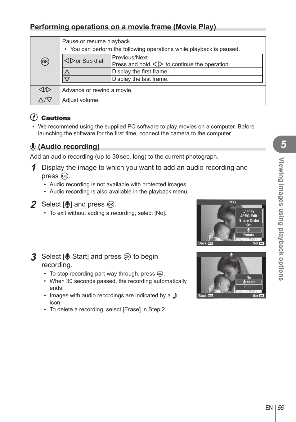 R (audio recording), Select [r] and press q, Select [r start] and press q to begin recording | Olympus STYLUS 1 User Manual | Page 55 / 120