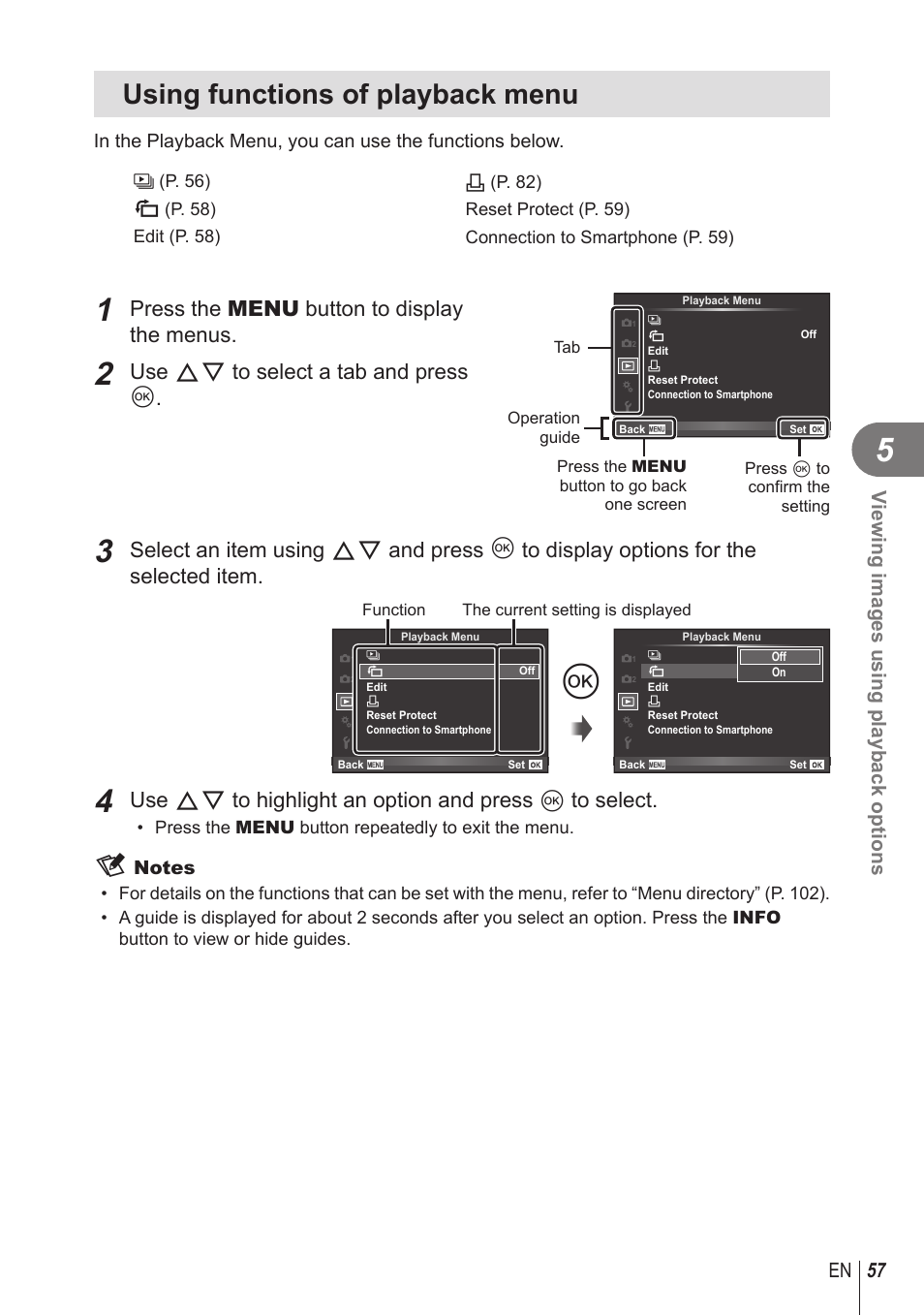 Using functions of playback menu, Press the menu button to display the menus, Use fg to select a tab and press q | 57 en v iewing images using playback options | Olympus STYLUS 1 User Manual | Page 57 / 120
