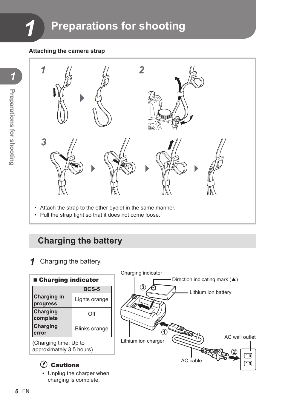 Preparations for shooting, Charging the battery | Olympus STYLUS 1 User Manual | Page 6 / 120