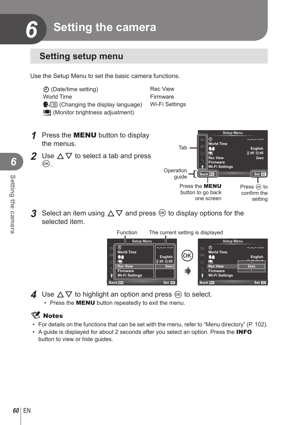 Setting the camera, Setting setup menu, Press the menu button to display the menus | Use fg to select a tab and press q, 60 en setting the camera | Olympus STYLUS 1 User Manual | Page 60 / 120