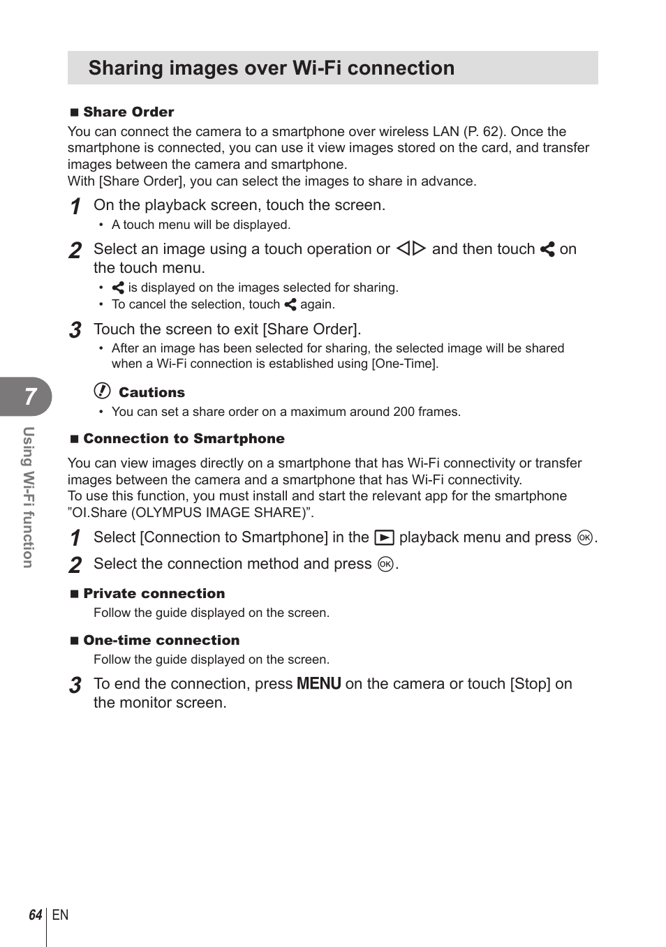 Sharing images over wi-fi connection | Olympus STYLUS 1 User Manual | Page 64 / 120