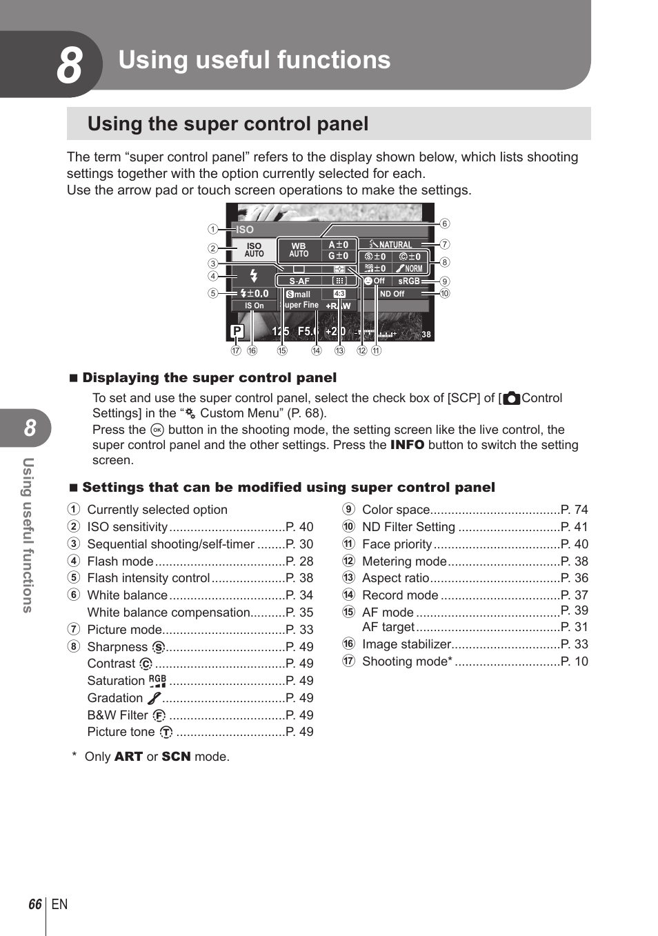 Using useful functions, Using the super control panel, 66 en using useful functions | Olympus STYLUS 1 User Manual | Page 66 / 120