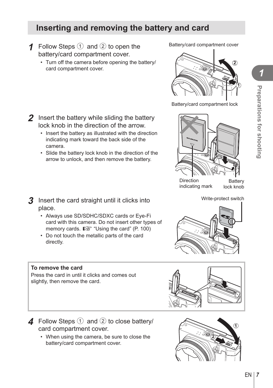 Inserting and removing the battery and card | Olympus STYLUS 1 User Manual | Page 7 / 120