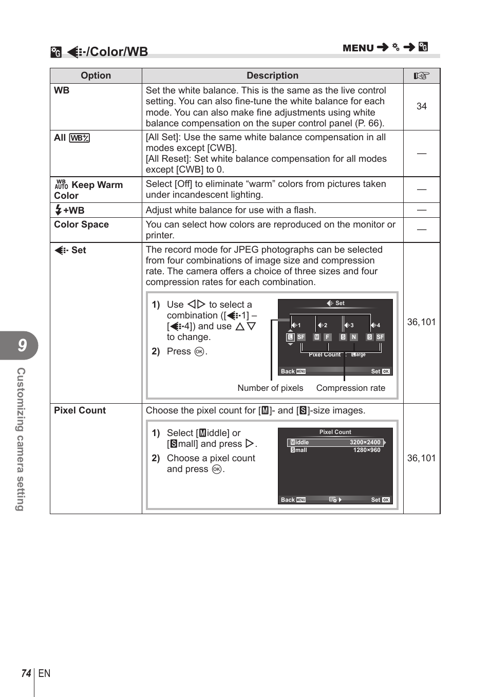 X k /color/wb, 74 en customizing camera setting | Olympus STYLUS 1 User Manual | Page 74 / 120
