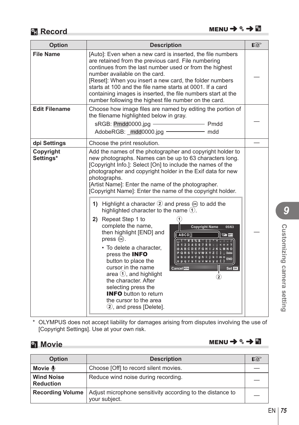 Y record, Z movie, 75 en customizing camera setting | Olympus STYLUS 1 User Manual | Page 75 / 120