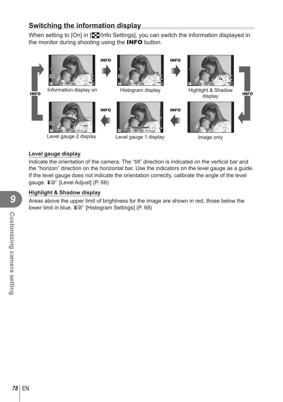 Switching the information display, 78 en customizing camera setting, Level gauge 1 display | Highlight & shadow display level gauge 2 display | Olympus STYLUS 1 User Manual | Page 78 / 120