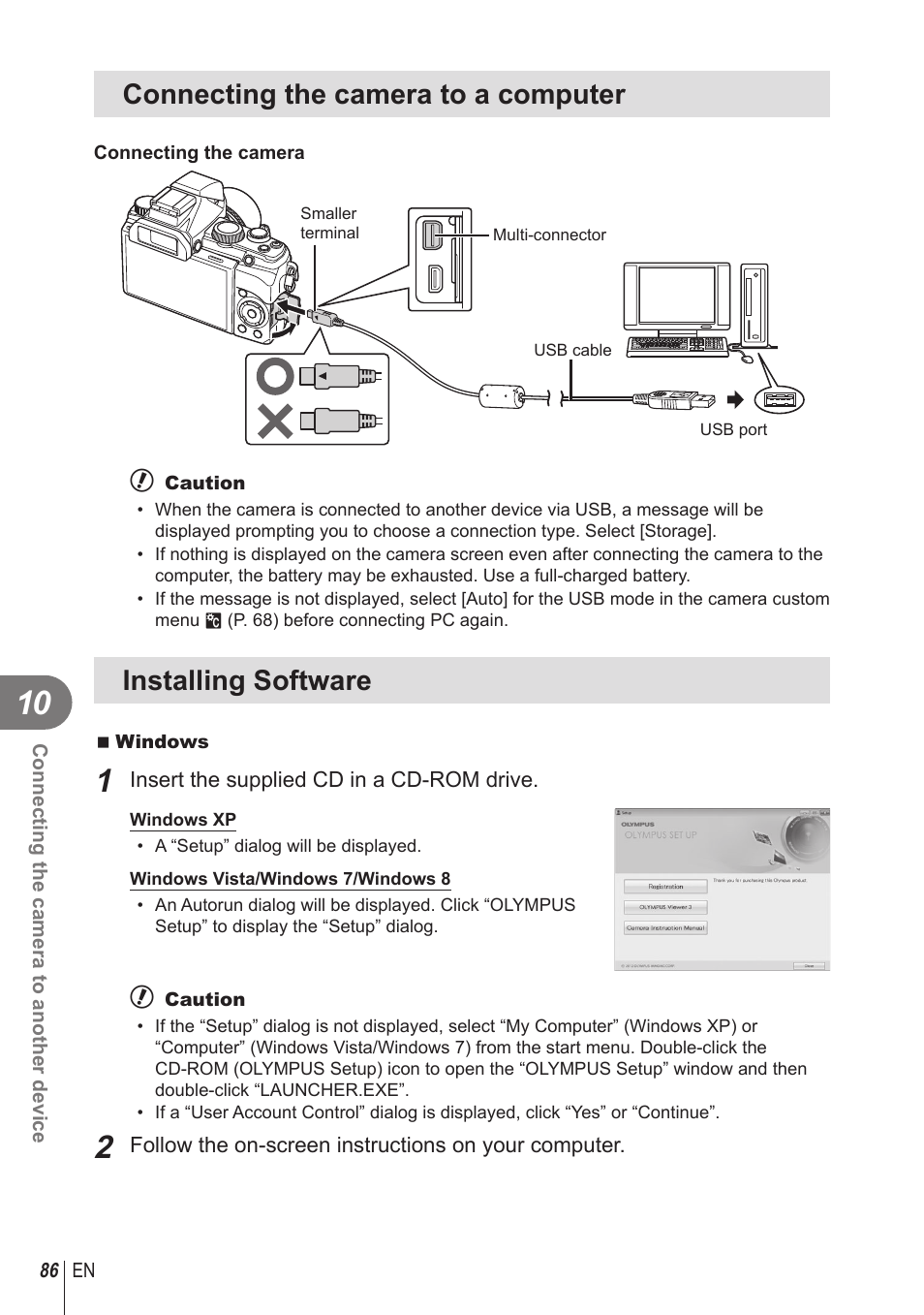 Connecting the camera to a computer, Installing software | Olympus STYLUS 1 User Manual | Page 86 / 120