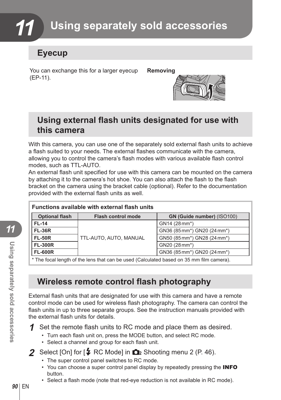 Using separately sold accessories, Eyecup, Wireless remote control flash photography | Olympus STYLUS 1 User Manual | Page 90 / 120