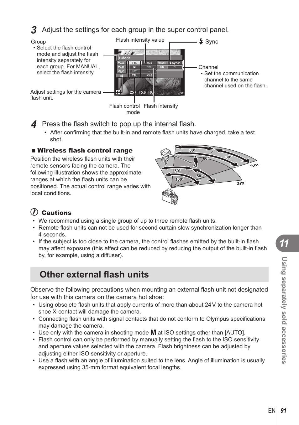 Other external flash units, 91 en using separately sold accessories | Olympus STYLUS 1 User Manual | Page 91 / 120