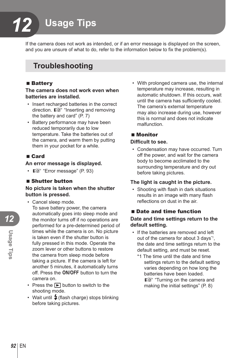Usage tips, Troubleshooting | Olympus STYLUS 1 User Manual | Page 92 / 120