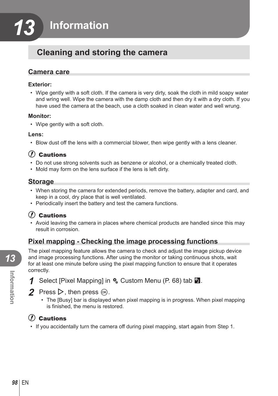 Information, Cleaning and storing the camera | Olympus STYLUS 1 User Manual | Page 98 / 120