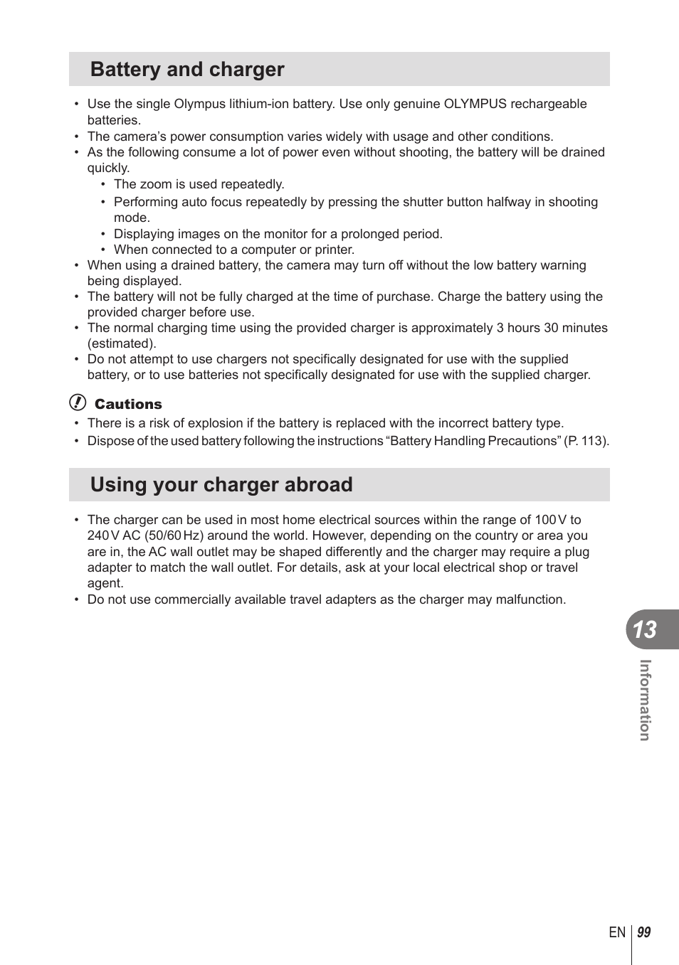Battery and charger, Using your charger abroad | Olympus STYLUS 1 User Manual | Page 99 / 120