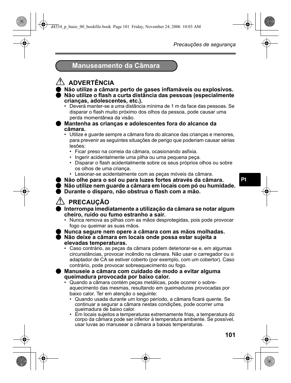 Manuseamento da câmara | Olympus FE-210 User Manual | Page 101 / 108