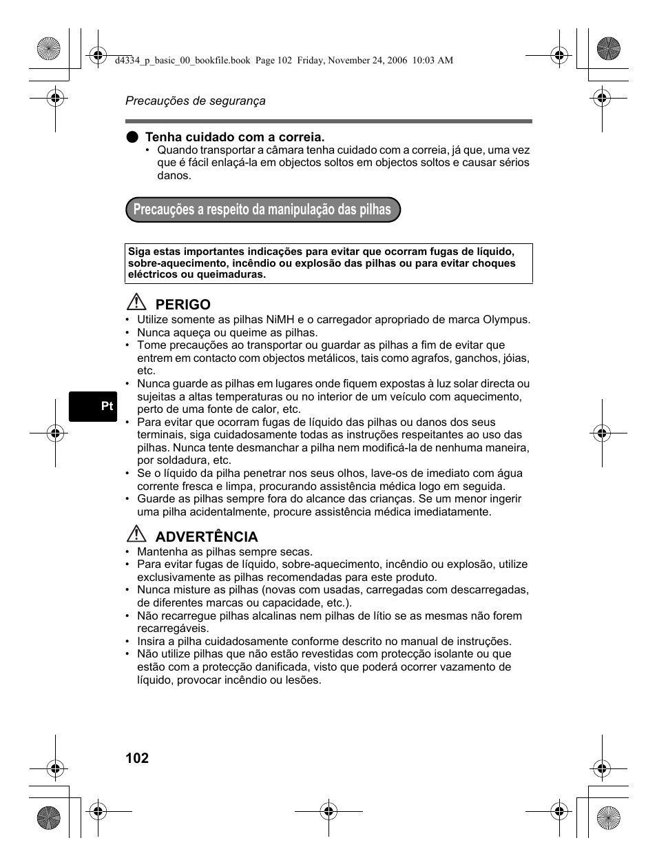 Precauções a respeito da manipulação das pilhas, Perigo, Advertência | Olympus FE-210 User Manual | Page 102 / 108