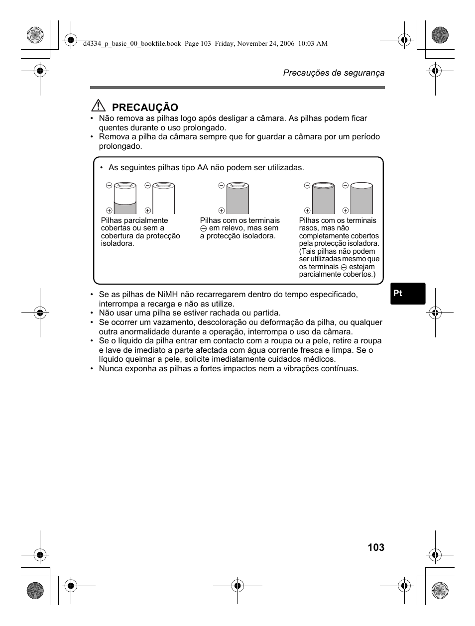 Precaução | Olympus FE-210 User Manual | Page 103 / 108