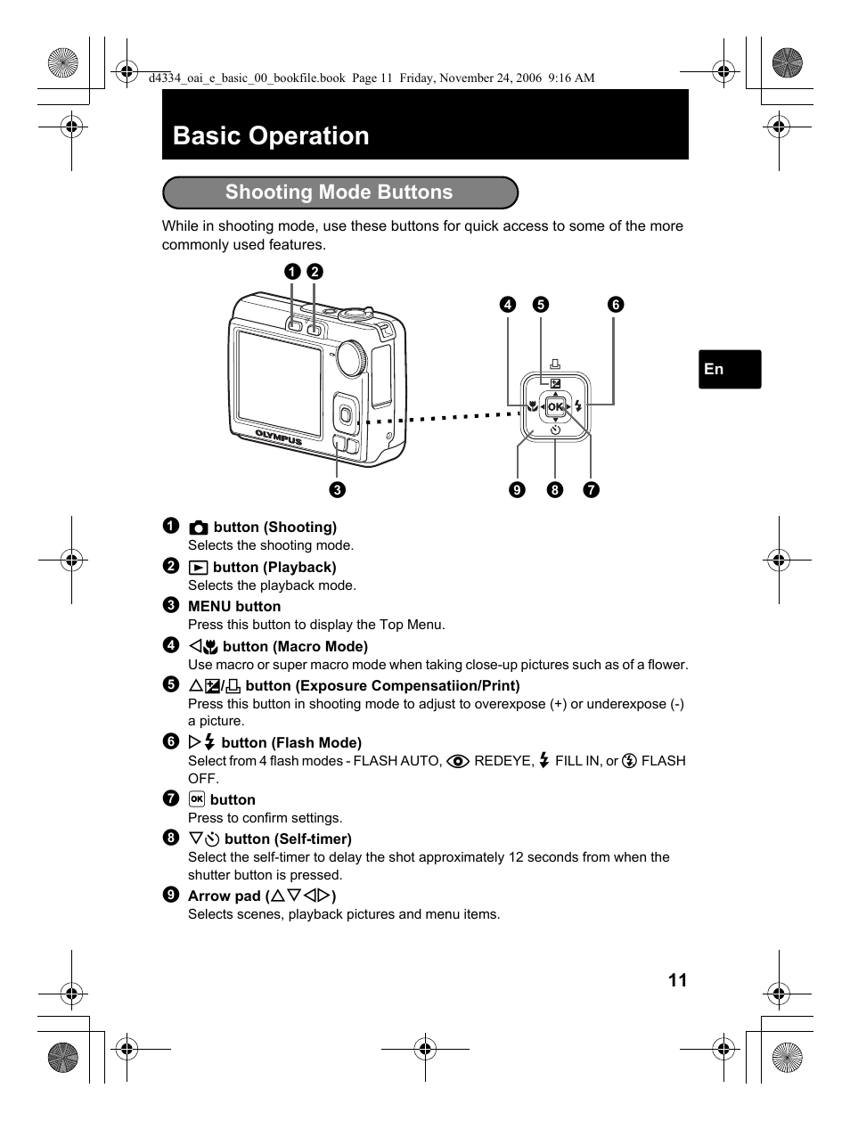 Basic operation, Shooting mode buttons | Olympus FE-210 User Manual | Page 11 / 108