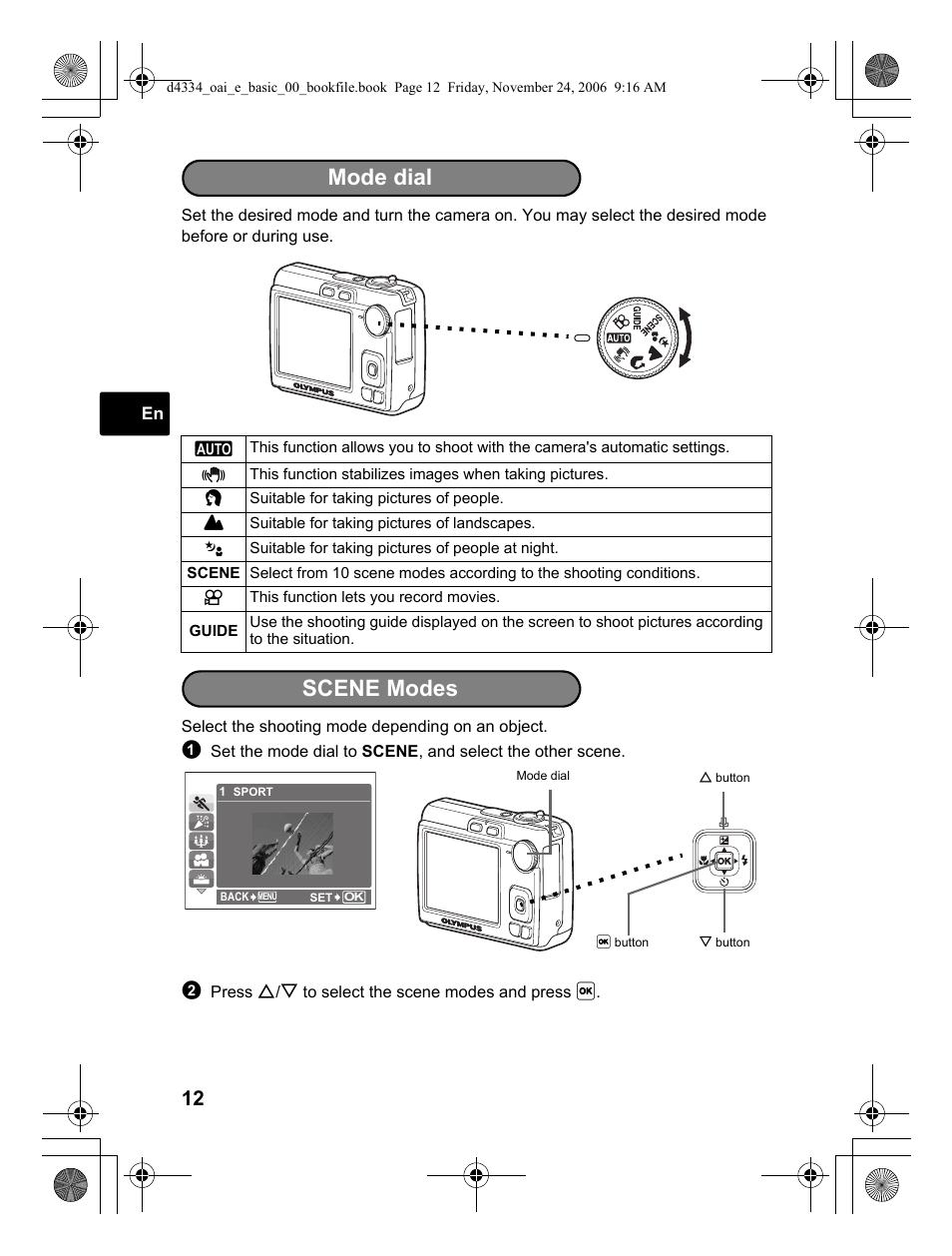 Mode dial, Scene modes | Olympus FE-210 User Manual | Page 12 / 108