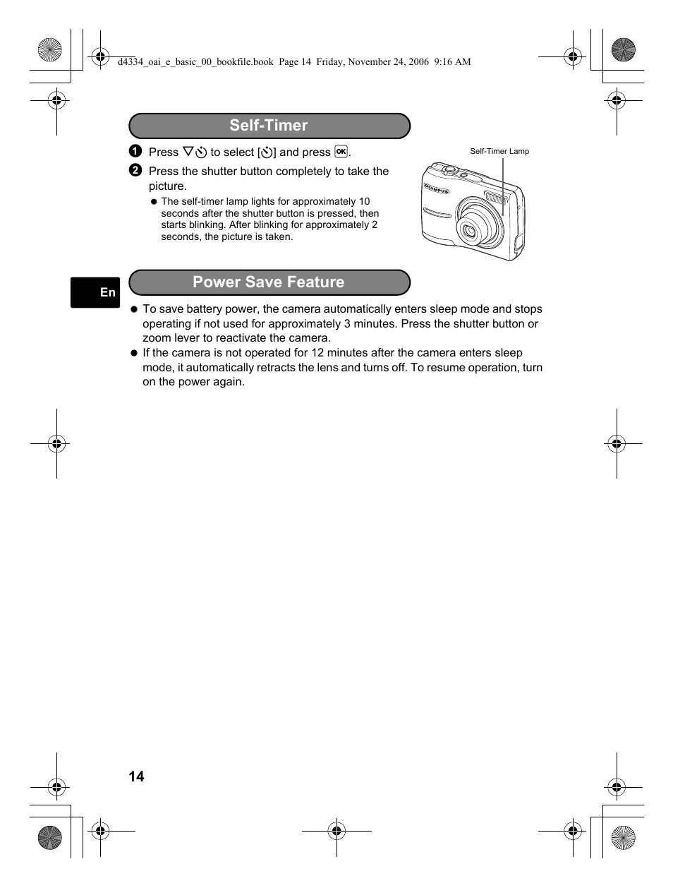 Self-timer, Power save feature | Olympus FE-210 User Manual | Page 14 / 108