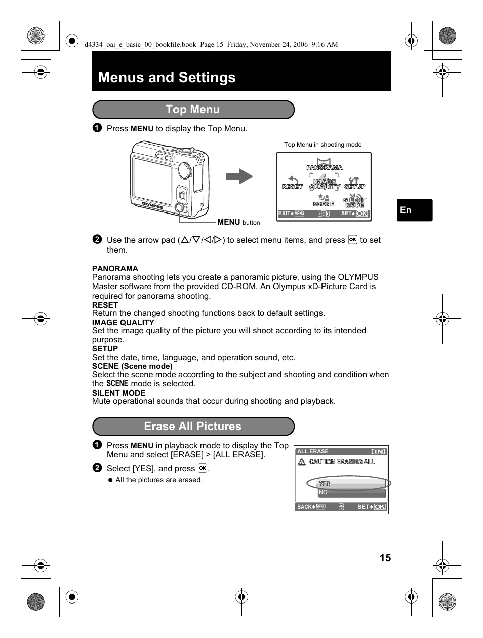 Menus and settings, Top menu, Erase all pictures | Olympus FE-210 User Manual | Page 15 / 108