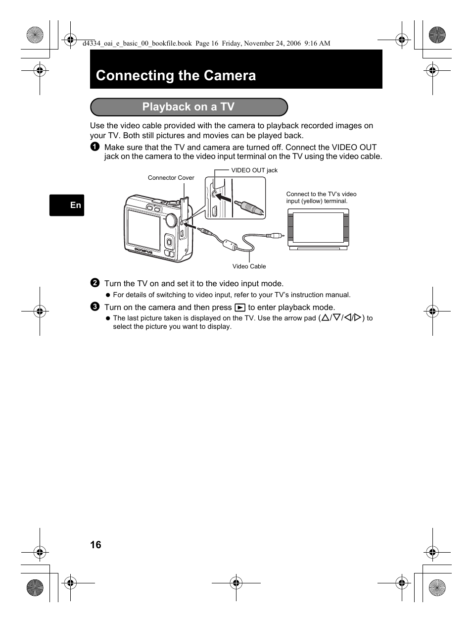 Connecting the camera, Playback on a tv | Olympus FE-210 User Manual | Page 16 / 108