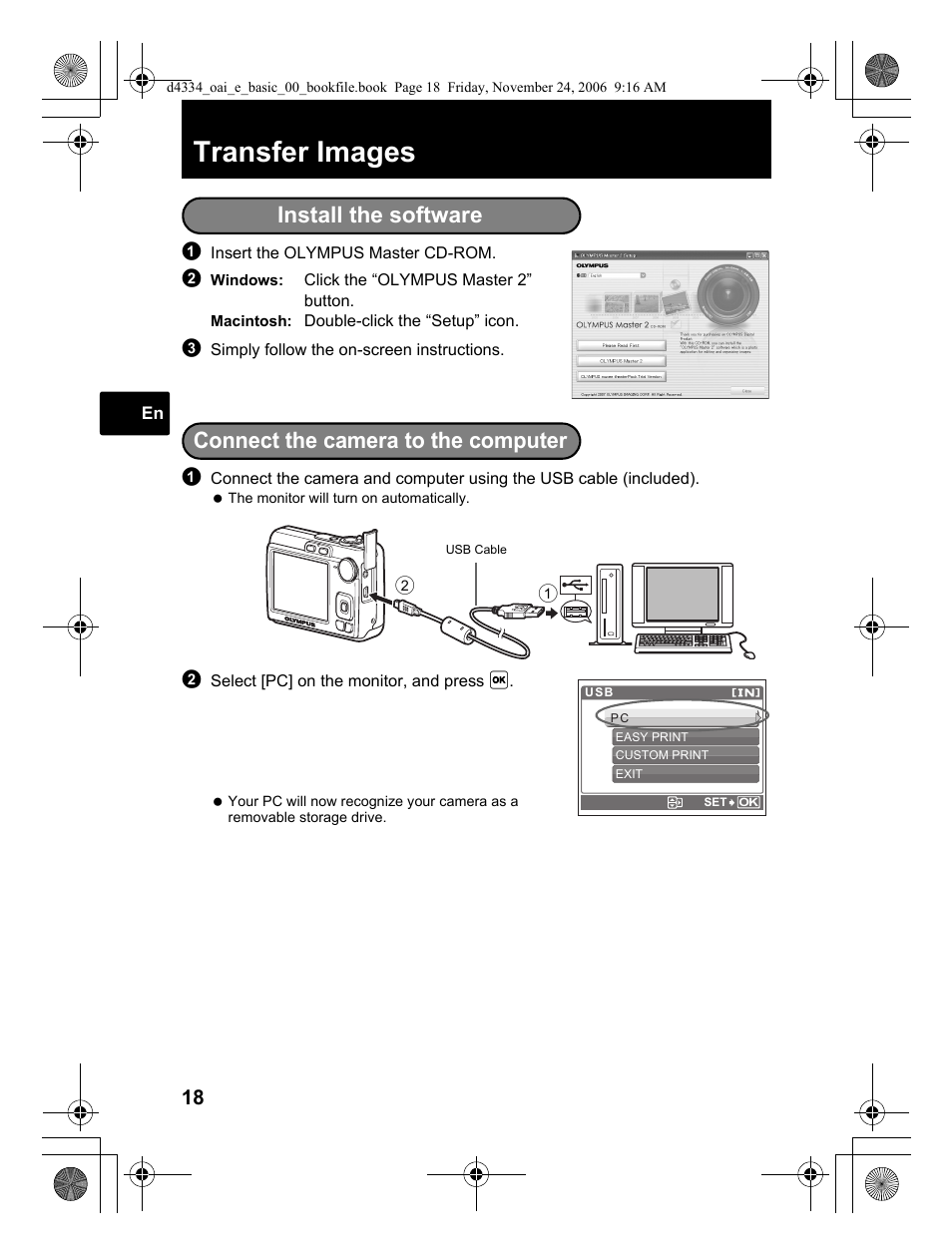 Transfer images, Install the software, Connect the camera to the computer | Olympus FE-210 User Manual | Page 18 / 108