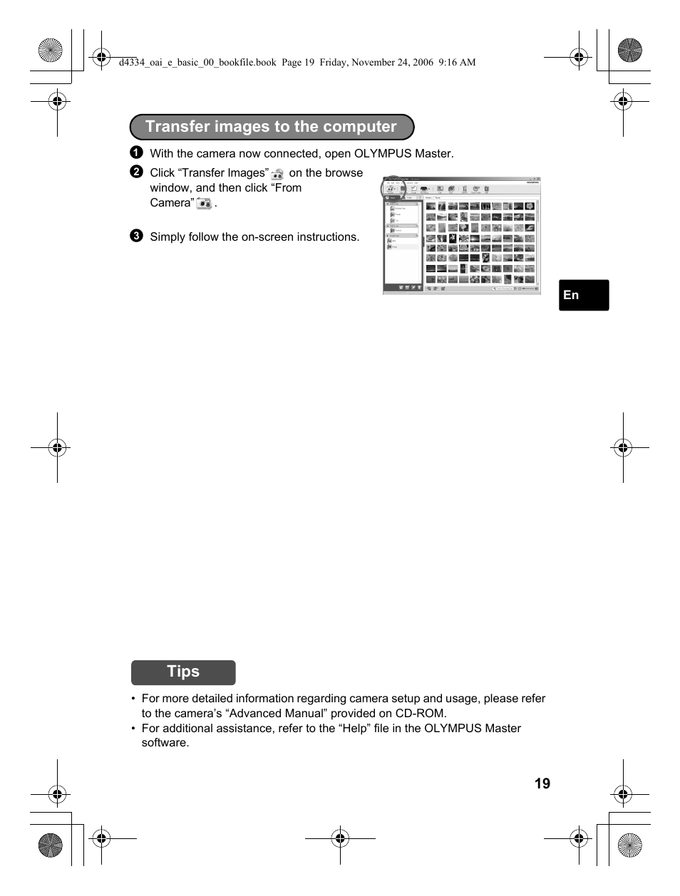 Transfer images to the computer, Tips | Olympus FE-210 User Manual | Page 19 / 108