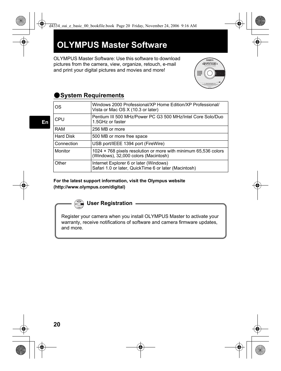 Olympus master software, System requirements | Olympus FE-210 User Manual | Page 20 / 108