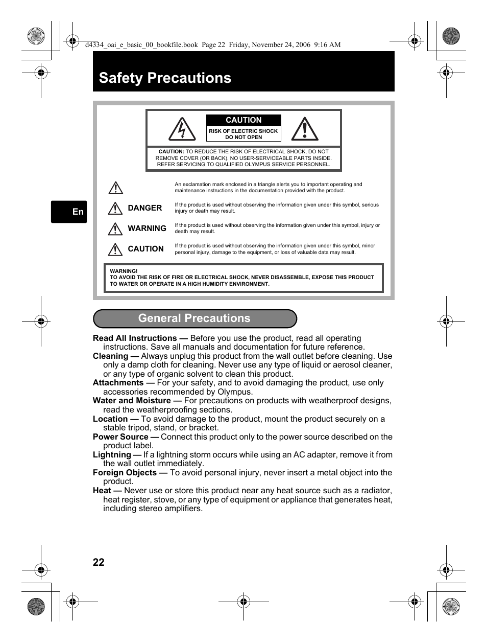 Safety precautions, General precautions | Olympus FE-210 User Manual | Page 22 / 108