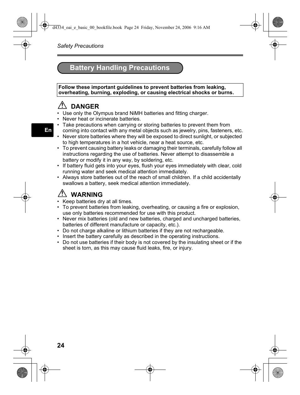 Battery handling precautions | Olympus FE-210 User Manual | Page 24 / 108