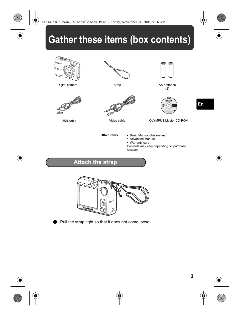 Gather these items (box contents), Attach the strap | Olympus FE-210 User Manual | Page 3 / 108