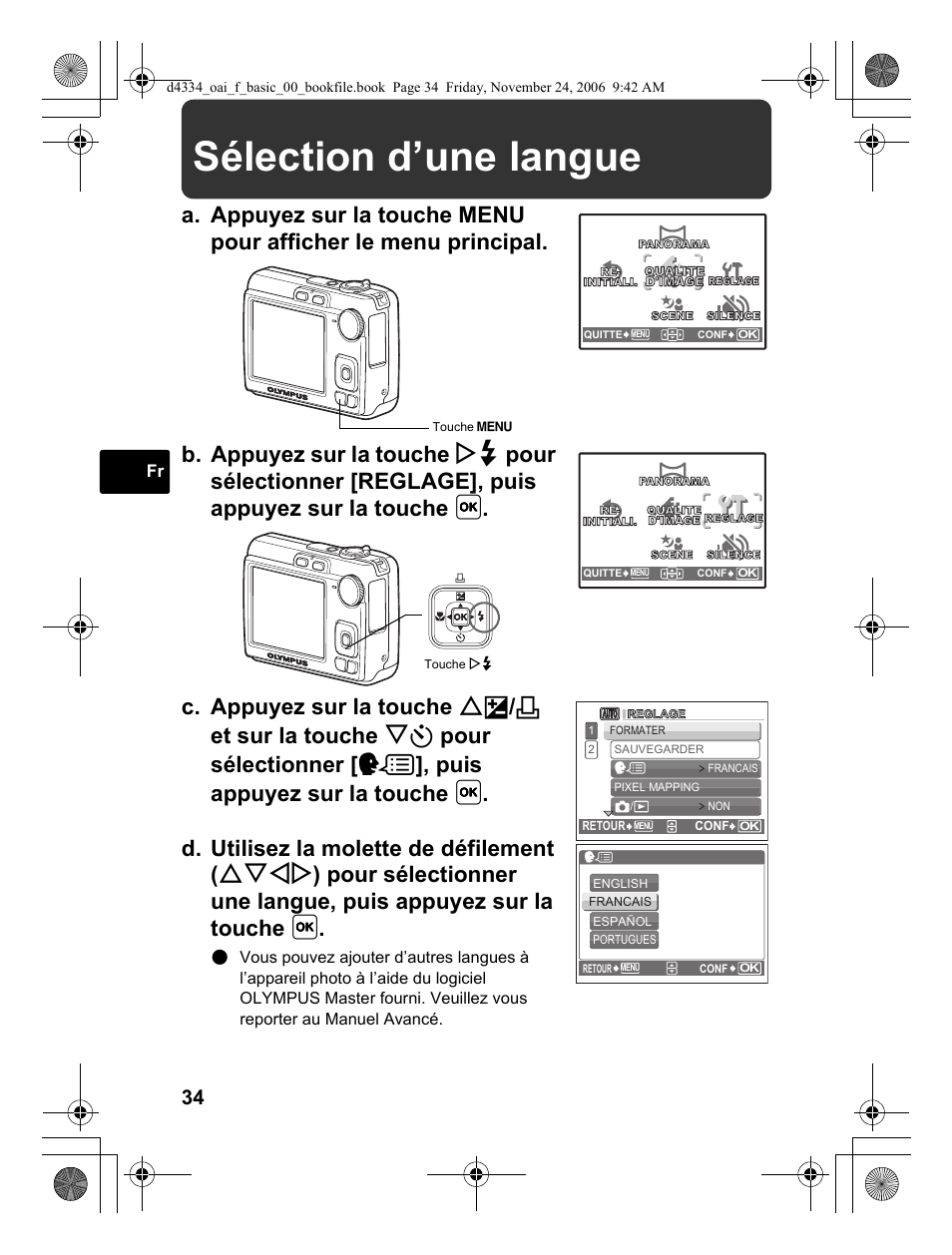 Sélection d’une langue | Olympus FE-210 User Manual | Page 34 / 108