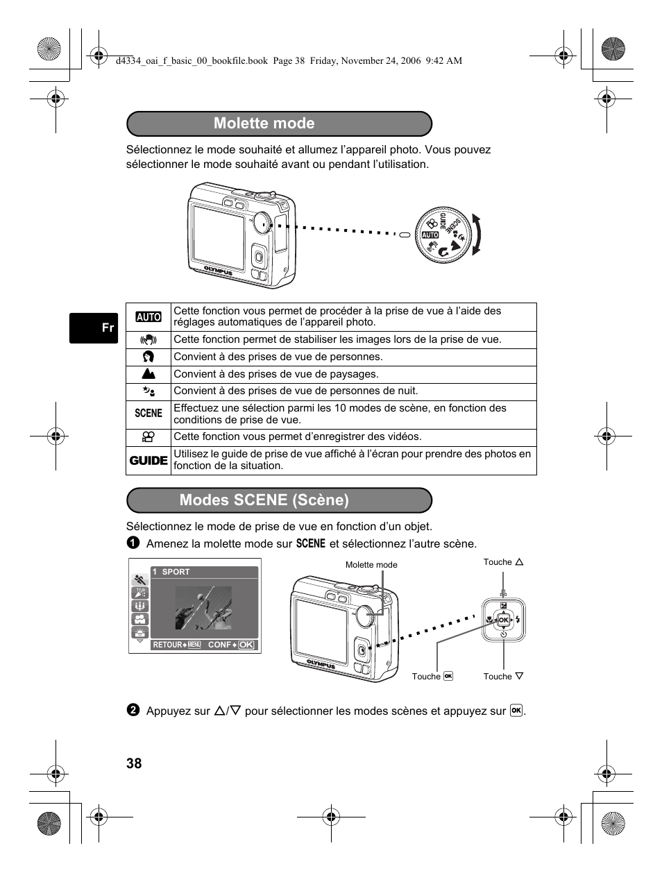 Molette mode, Modes scene (scène) | Olympus FE-210 User Manual | Page 38 / 108