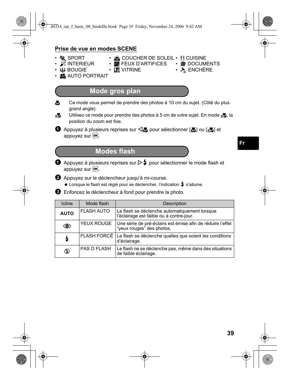 Mode gros plan, Modes flash | Olympus FE-210 User Manual | Page 39 / 108