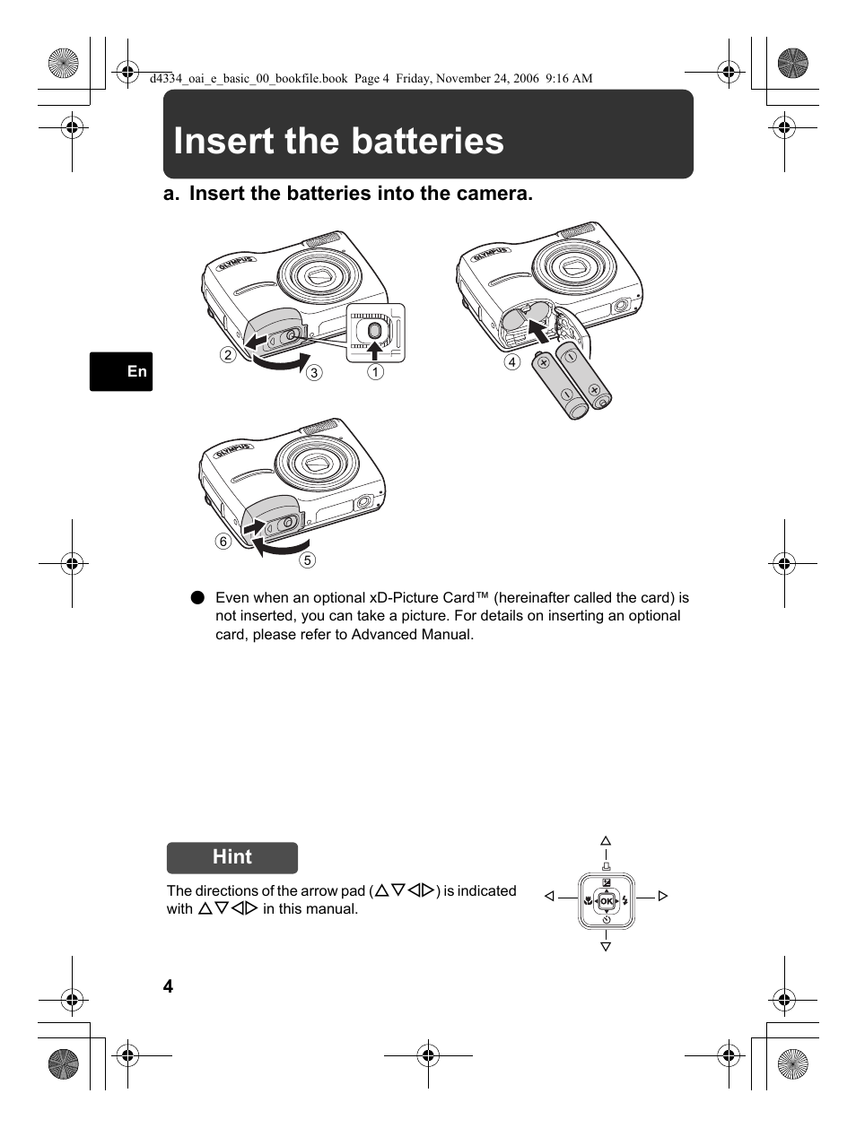 Insert the batteries, A. insert the batteries into the camera, Hint | Olympus FE-210 User Manual | Page 4 / 108